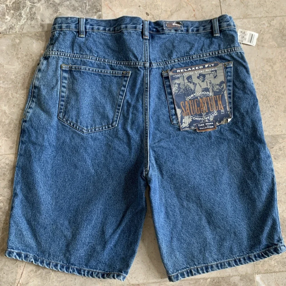 Saugatuck Mens Denim Bermuda Shorts Relaxed Fit Stone Wash Jeans Blue Sz 38‎ NWT